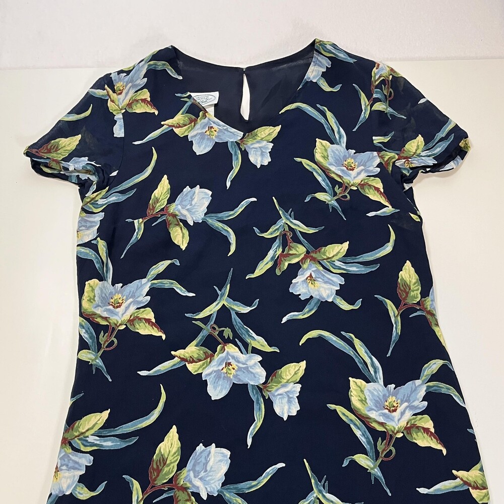 Vintage Laura Ashley Dress Womens 4 Navy Blue Floral Chiffon Shift UK 90s